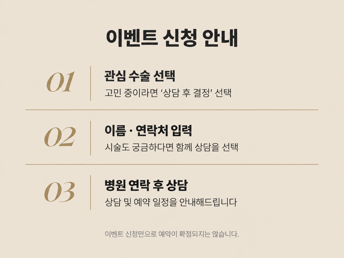 이벤트 신청 안내. 관심 수술 선택, 고민 중이라면 상담 후 결정 선택. 이름과 연락처 입력, 시술도 궁금하다면 함께 상담을 선택. 병원 연락 후 상담 및 예약 일정 안내. 이벤트 신청만으로 예약이 확정되지는 않습니다